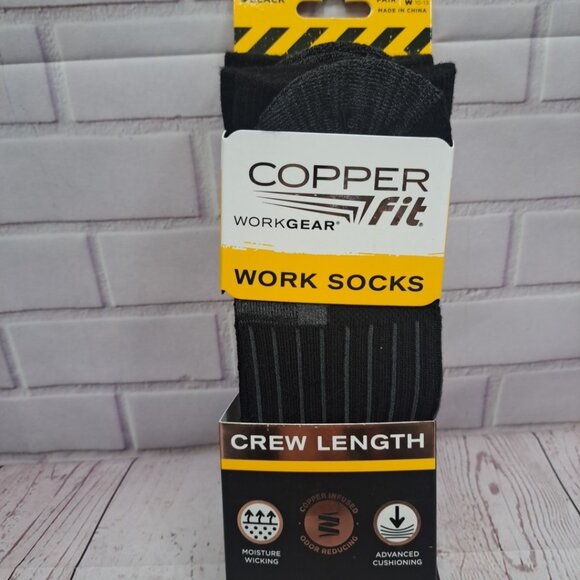 Copper Fit Crew Length Work Socks Size L/XL (M 9-12 W 10-13) 2 Pairs Black Socks - Picture 1 of 8